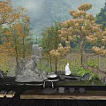 Natural Courtyard Garden Landscape With Pine Tree Rocks Wooden Platform Tea Set And Mountain View