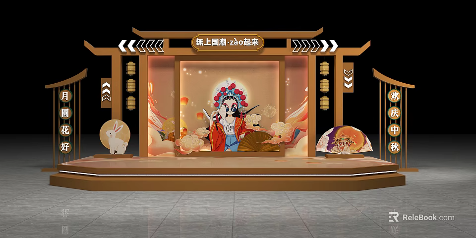 Chinese Style Promotion Stage With Peking Opera Figure And Rabbit 3d model 