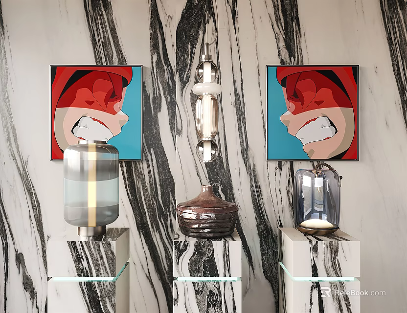 Modern Decorative Lamp Set With Marble Pedestals And Abstract Paintings On Marble Wall 3d model 