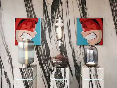 Modern Decorative Lamp Set With Marble Pedestals And Abstract Paintings On Marble Wall 3d model