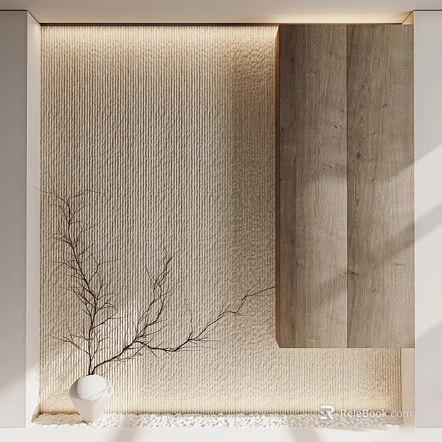 Minimalist Entryway Console Table And Side Cabinet With Wood Grain And Natural Branch Decor 3d model 