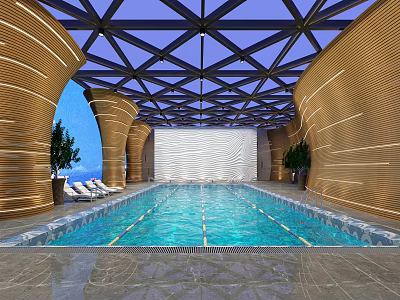 Modern Indoor Swimming Pool With Glass Ceiling Geometric Framework Curved Walls And White Lounge Chairs 3d model