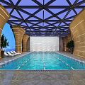 Modern Indoor Swimming Pool With Glass Ceiling Geometric Framework Curved Walls And White Lounge Chairs