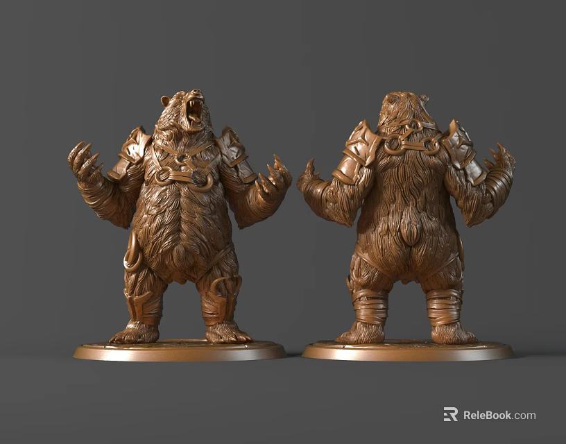 Bronze Bear Sculpture With Armored Design Standing Pose And Outstretched Arms Details 3d model 
