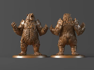Bronze Bear Sculpture With Armored Design Standing Pose And Outstretched Arms Details 3d model
