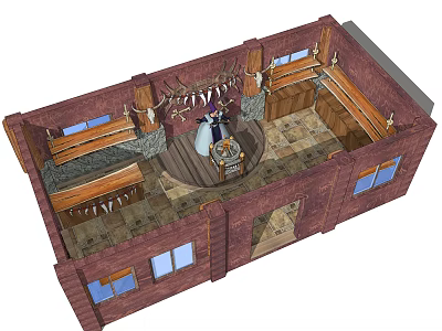 Cartoon Room Interior With Brick Walls Wooden Benches Central Table And Windows 3d model
