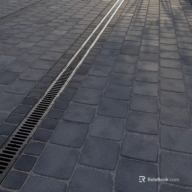 Outdoor Paved Ground With Gray Bricks And Central Drainage Grate Structure Design 3d model
