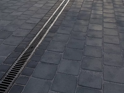 Outdoor Paved Ground With Gray Bricks And Central Drainage Grate Structure Design 3d model