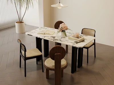 Elegant Dining Table Set With Marble Top Four Chairs Flower Vase And Wooden Floor 3d model