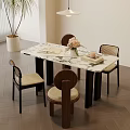 Elegant Dining Table Set With Marble Top Four Chairs Flower Vase And Wooden Floor