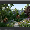 Beautiful Courtyard Garden With Stone Pathway Hedge Trees And Purple White Flowers