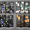 Multi Panel Screen Divider With Glass Panels And Wooden Frames For Interior 3d model