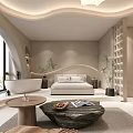 Modern Hotel Room Interior With Comfortable Bed Bathtub Large Window Scenic View And Green Plants