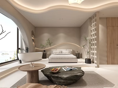 Modern Hotel Room Interior With Comfortable Bed Bathtub Large Window Scenic View And Green Plants 3d model