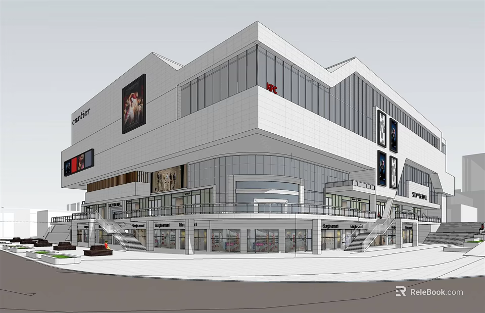 Modern Commercial Complex Exterior With Glass Facade Billboards And Pedestrian Entrance 3d model 