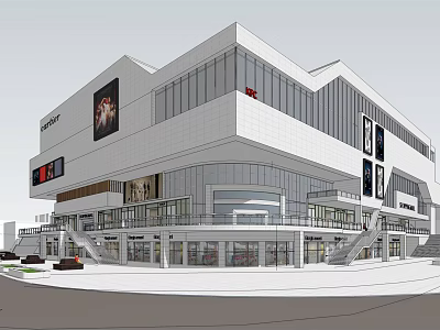 Modern Commercial Complex Exterior With Glass Facade Billboards And Pedestrian Entrance 3d model