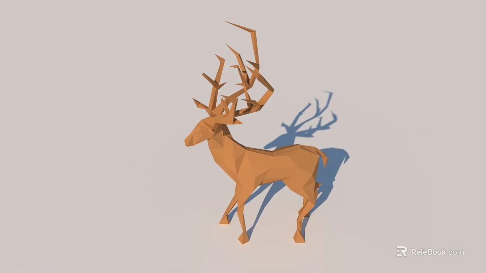 Brown Geometric Deer Sculpture With Polygonal Design Long Antlers And Shadow 3d model 