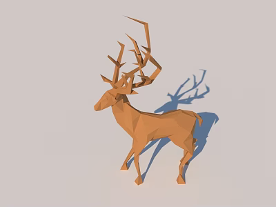 Brown Geometric Deer Sculpture With Polygonal Design Long Antlers And Shadow 3d model