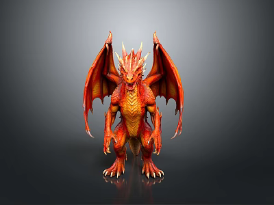 Red Mythical Dragon With Large Wings Sharp Claws Red Scales And Standing On Dark Surface 3d model