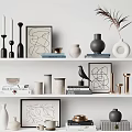 Modern Decorative Ornament Set With Ceramic Vases Geometric Frames And Metal Sculptures On Shelves
