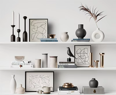 Modern Decorative Ornament Set With Ceramic Vases Geometric Frames And Metal Sculptures On Shelves 3d model