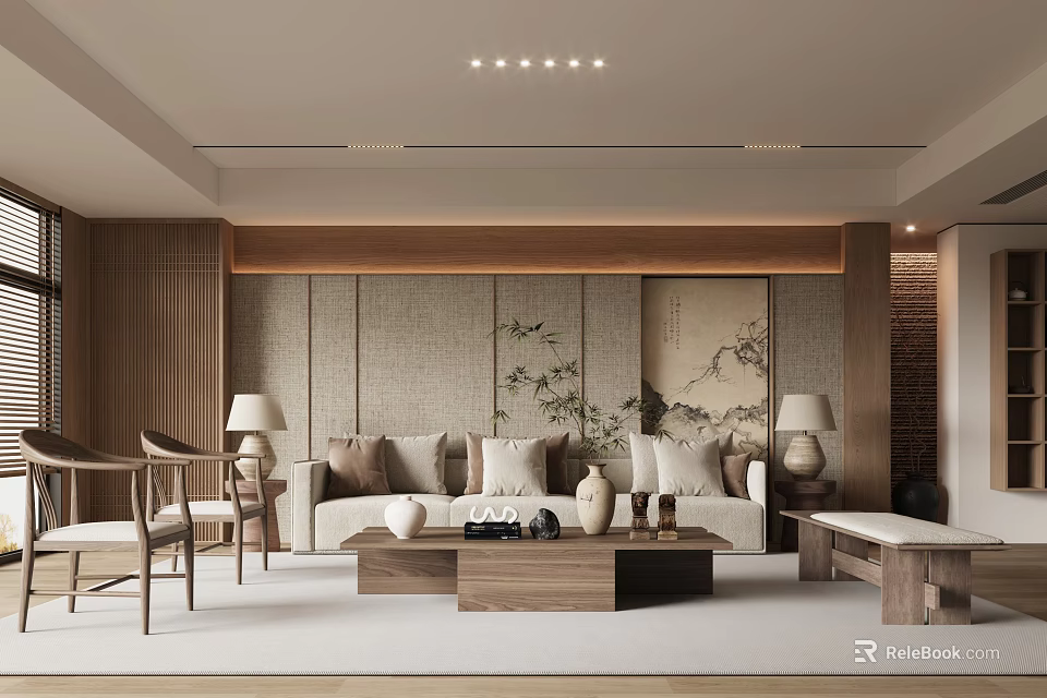Modern Minimalist Living Room Interior With Wooden Panel Backdrop Sofa Coffee Table And Ceiling Lights 3d model 
