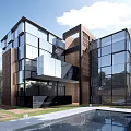 Modern Townhouse Exterior Design Featuring Glass Elements Geometric Structure And Greenery