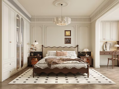 Elegant Bedroom Interior Design With Wooden Bed Chandelier Decorative Walls And Rug 3d model