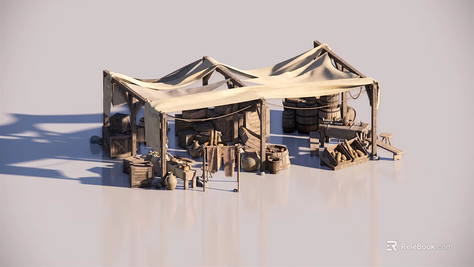 Ancient Market Stalls With Cloth Canopies Wooden Barrels And Vintage Tools 3d model 