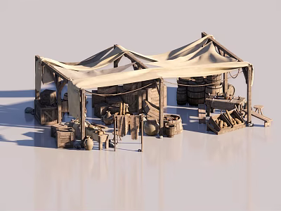 Ancient Market Stalls With Cloth Canopies Wooden Barrels And Vintage Tools 3d model