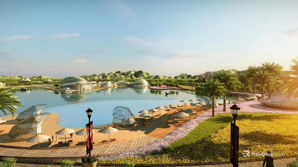 Scenic Park Landscape With Lake Beach Umbrellas Palm Trees And Flower Beds 3d model 