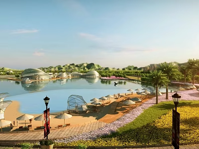 Scenic Park Landscape With Lake Beach Umbrellas Palm Trees And Flower Beds 3d model