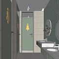 Public Restroom Design with Green Stall Doors White Washbasins and Round Mirrors