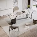 Marble Desk Setup With Laptop White Chair Potted Plant Rug And Wooden Floor View