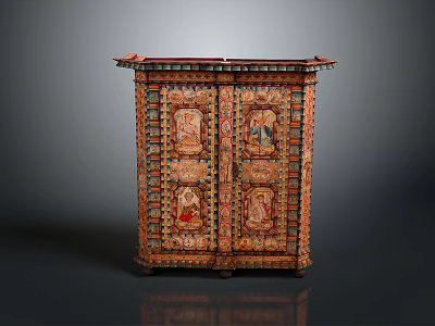 Traditional Painted Wooden Cabinet With Double Doors And Intricate Decorative Figural Motifs 3d model