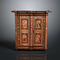 Traditional Painted Wooden Cabinet With Double Doors And Intricate Decorative Figural Motifs