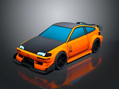 Orange Sports Car With Carbon Fiber Roof Large Rear Spoiler Black Wheels And Blue Windows 3d model