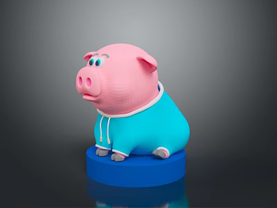 Cute Stuffed Pink Pig Doll Wearing Blue Hoodie Sitting On Blue Base 3d model