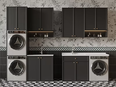 Modern Laundry Room With Black Cabinets Washing Machines Floral Wallpaper And Checkered Floor 3d model