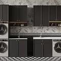 Modern Laundry Room With Black Cabinets Washing Machines Floral Wallpaper And Checkered Floor