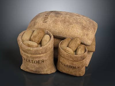 Sacks of Potatoes Filled With Fresh Tubers Stacked on Dark Background 3d model