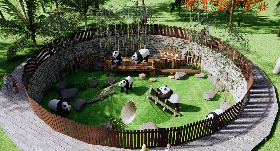 Scenic Panda Park Enclosure With Green Grass Bamboo Rocks And Wooden Fence 3d model 