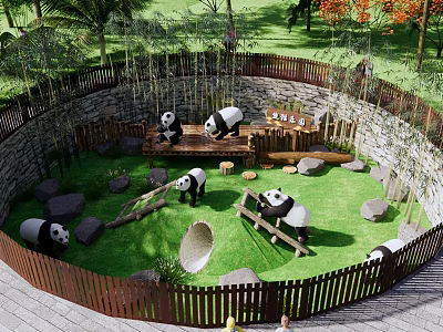 Scenic Panda Park Enclosure With Green Grass Bamboo Rocks And Wooden Fence 3d model