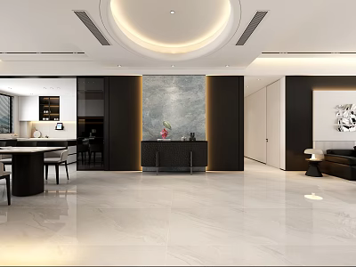 Modern Open Concept Living And Dining Room With Sofa Dining Table And Round Pendant Light 3d model