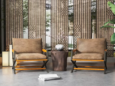 Casual Sofa Set Featuring Two Brown Lounge Chairs Wooden Table Woven Screen And Green Plant 3d model