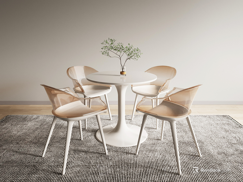 Modern White Round Dining Table And Chairs Set With Small Potted Plant On Grey Rug 3d model 