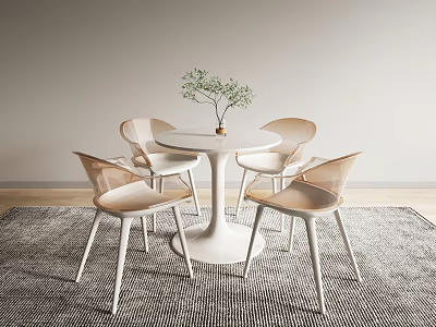 Modern White Round Dining Table And Chairs Set With Small Potted Plant On Grey Rug 3d model