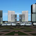 Modern Urban Commercial Complex With Tall Buildings Plaza Fountains And People