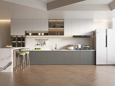 Modern Kitchen Interior With White Gray Cabinets Marble Island Stools Refrigerator And Herringbone Floor 3d model