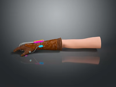 Brown Prosthetic Arm Device With Pink Blue Components And Light Colored Arm Model 3d model